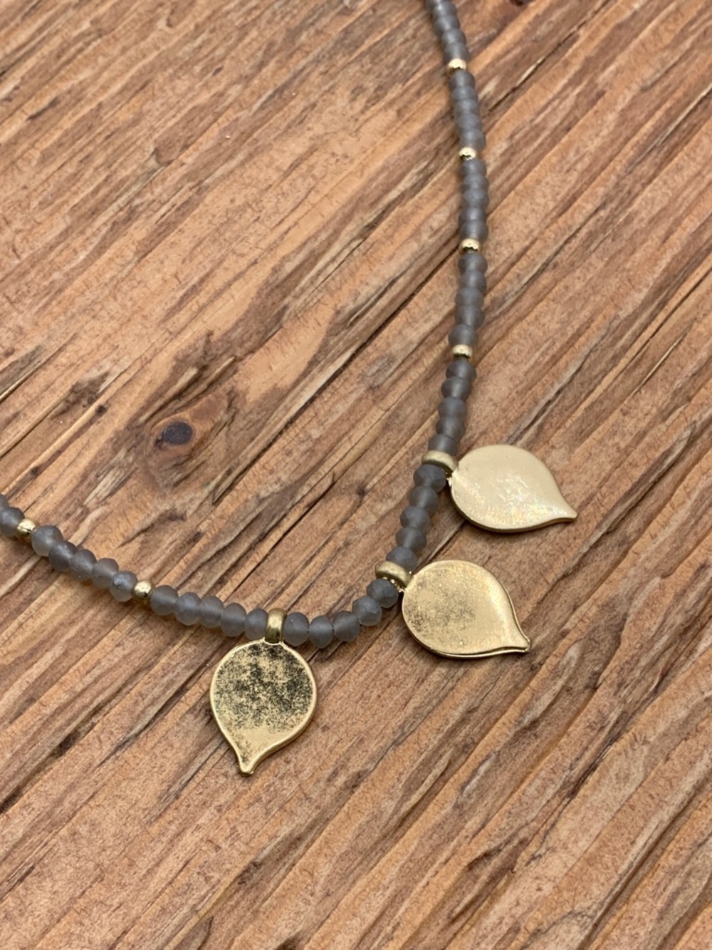 Plunder Design Mattilda Gold Leaf Charm Grey Bead Necklace